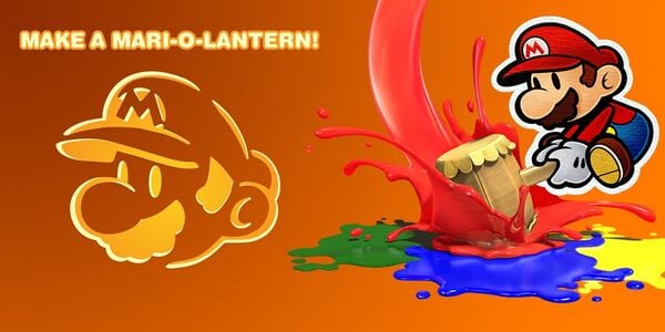 Presentation banner for a jack-o'-lantern stencil depicting Mario as he appears in the Paper Mario series. The banner features one of Mario's Paper Mario: Color Splash promotional renders.