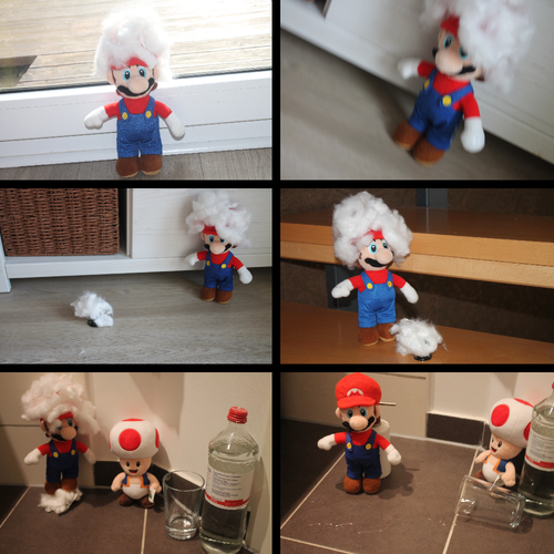 Six photographs are shown in comic format, arranged left to right, top to bottom. In the first, Mario is shown in Cloud Mario form. In the second, Mario is trying to create a cloud. In the third, Mario has created a cloud. The fourth shows Mario again creating a cloud in a different location, with the fifth showing Mario in another location near Toad and, most importantly, a glass of water and a water bottle. In the sixth and final panel, Mario accidentally trips and knocks down the glass, spilling water on himself and losing the power-up. Now he'll have to find a Cloud Flower again!