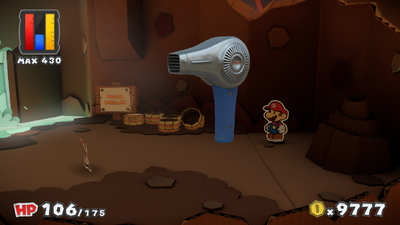 Mario near the Hair Dryer Thing in Redpepper Crater of Paper Mario: Color Splash.