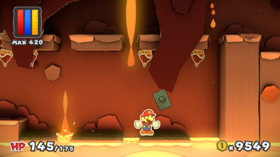 Mario near a 1-Up Mushroom Card in Redpepper Volcano of Paper Mario: Color Splash.