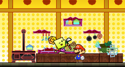 Saffron at the Sweet Smiles (left) and Dyllis at the Hot Fraun (right) houses preparing a recipe in Super Paper Mario.