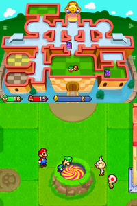 Mario, Luigi, Professor E. Gadd and a Toad observing the time hole in the garden of Peach's Castle