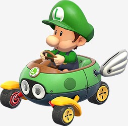 Artwork of Baby Luigi in a Biddybuggy from Mario Kart 8.