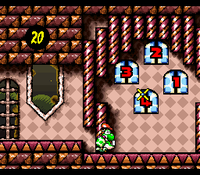 Yoshi about to throw an egg at the door in the level King Bowser's Castle in Super Mario World 2: Yoshi's Island