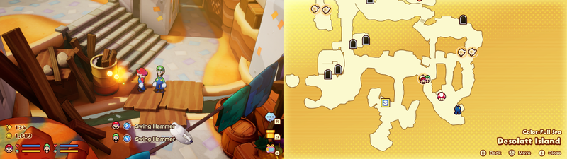 Mario and Luigi near a Sprite Bulb Nest on Desolatt Island of Mario & Luigi: Brothership.