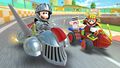 Mario (Samurai) and Luigi (Knight) racing on N64 Luigi Raceway