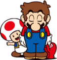 Mario bowing while Toad is peeking from behind