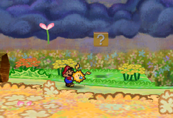 Image of Mario revealing a hidden ? Block in Flower Fields, in Paper Mario.