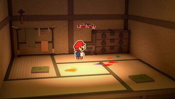 A group of 3 hidden Toads in Shogun Studios, folded and trapped inside a small cabinet guarded by a Shy Guy.