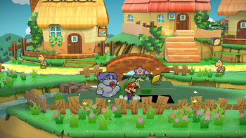 Mario getting the Star Piece under a hidden panel in the left area of Petalburg in the remake of the Paper Mario: The Thousand-Year Door for the Nintendo Switch.