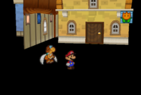 Mario and Parakarry standing outside Harry's Shop in a broken state