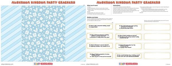 A holiday Mario-themed sheet that can be printed out and used to make party crackers, alongside a sheet with riddles and jokes that can be placed inside said party crackers