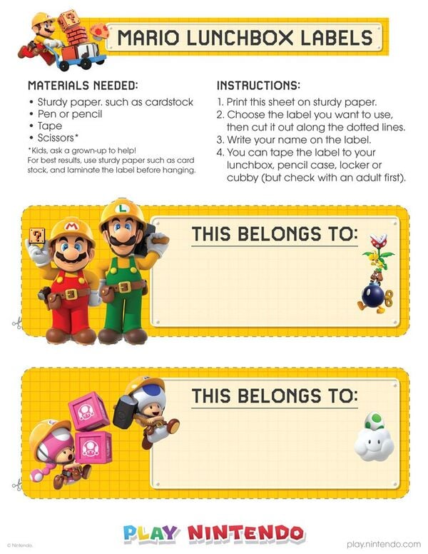 Printable sheet for Super Mario Maker 2 lunchbox labels