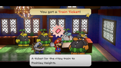 Mario getting a Train Ticket from Don Pianta in Paper Mario: The Thousand-Year Door for Nintendo Switch.