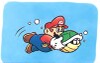 Artwork of Mario carrying a Koopa Shell underwater from Super Mario World