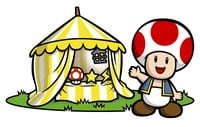 Artwork of Toad showing off his tent from Mario Pinball Land