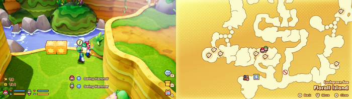 Mario and Luigi near wooden crates containing a 10-Coin on Florall Island of Mario & Luigi: Brothership.