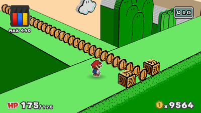 Mario near 30 Coins in Green Energy Plant of Paper Mario: Color Splash.