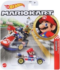 Carded Hot Wheels die-cast of Mario in the Circuit Special with the Standard tires.