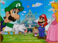 Mario, Luigi, Princess Peach and Toadsworth outside Pi'illo Castle.