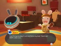 Beep-0 tries to be a detective to gain information in Mario + Rabbids Sparks of Hope
