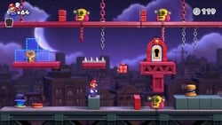 Screenshot of Twilight City level 8-3 from the Nintendo Switch version of Mario vs. Donkey Kong