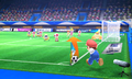 Mario about to kick a soccer ball onto the field.