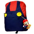 A backpack in the style of Mario's overalls, with a Mario plush keychain