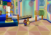 Image of Mario revealing a hidden ? Block in Shy Guy's Toy Box, in Paper Mario.
