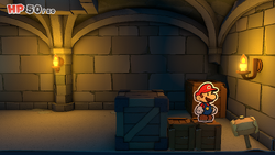Mario in front of three crates containing a Coin each and the Hammer in Princess Peach's Castle of The Origami King.