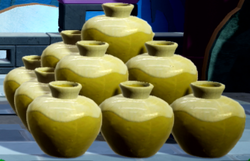 A stack of pots in A Kung Fu Legend in Princess Peach: Showtime!. Ribboner's right show can also be seen very faintly between the two nearest pots to the camera.