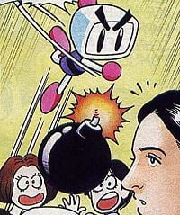 Bomberman throwing a bomb at Nicole, Pia and Balu