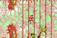 Diddy Kong hanging from some vines above the Klingers in Screech's Sprint from the Game Boy Advance port of Donkey Kong Country 2: Diddy's Kong Quest