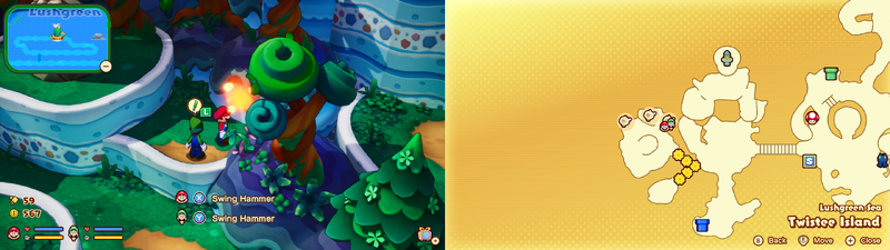Mario and Luigi near a Sprite Bulb Nest on Twistee Island of Mario & Luigi: Brothership.