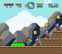 Screenshot of several Rexes in Chocolate Island 2 in Super Mario World