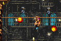 The Kongs move across a horizontal as Karbines blast fireballs at them in the Game Boy Advance version