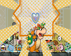 Bowser getting a Pure Heart from Floro Sapiens in Floro Caverns of Chapter 5-4 of Super Paper Mario.