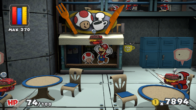Mario being given the Magma Burger from Prisma Café barista in Fort Cobalt of Paper Mario: Color Splash.