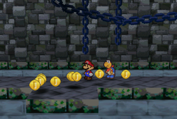 Mario finding 10 Coins after jumping over the second firebar in Koopa Bros. Fortress of Paper Mario.