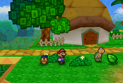 Mario finding Koopa Leaf In the bush nearest to the entrance in the second scene in Koopa Village of Paper Mario.