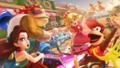 Pauline, Funky Kong, Diddy Kong, and Peachette on the course. Pauline is missing her earrings.