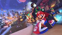 Mario, and other characters, on Merry Mountain in Mario Kart 8 Deluxe