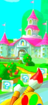GBA Peach Circuit R/T: View of Peach's Castle, with the rear of the Paintster kart visible in the frame