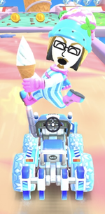 The Ice-Cream Mii Racing Suit performing a trick.