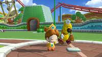 Baby Daisy is happy for helping her team score in Mario Super Sluggers.