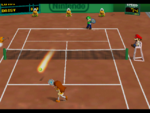 Luigi returns the ball with a Top Spin in the game Mario Tennis (Nintendo 64).