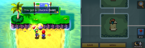 Luigi getting a Chuckle Bean from the purple Oho Jee in Oho Ocean part of Oho Oasis of Mario & Luigi: Superstar Saga + Bowser's Minions.