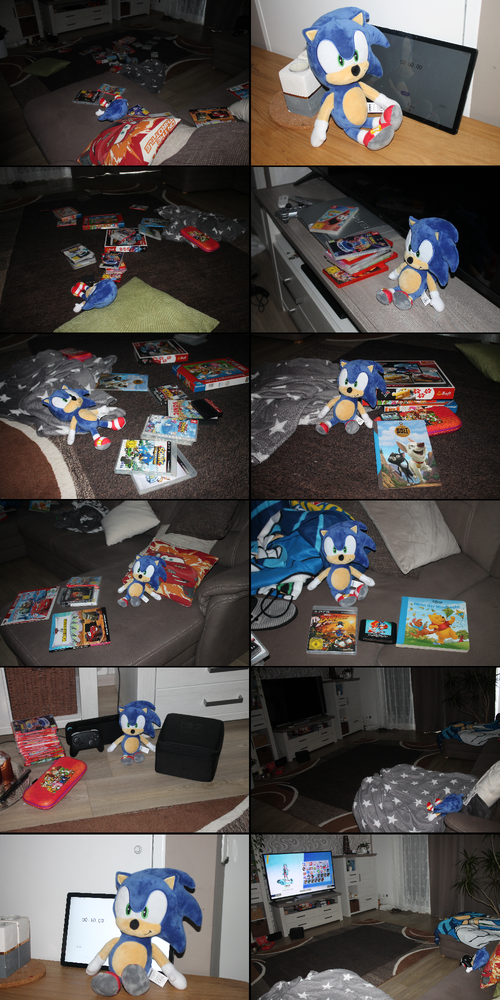 Twelve photographs are shown in comic format, arranged left to right, top to bottom. In the first, Sonic sees a super messy room, like one messed up by a crazy kid or Eggman. In the second, Sonic starts a stopwatch (digital, on a tablet). In the third, Sonic is picking up some games. The fourth shows Sonic in front a PS3 and picking up more games. The fifth shows Sonic is picking up more games. The sixth panel shows Sonic is picking up various items like a Switch 2 (in a carrying case). In the seventh, Sonic is on couch and picking up more stuff like puzzles and books. The eighth panel shows Sonic with two games and one book. The ninth panel shows Sonic having plugged the Switch 2 (now out of its case) into the TV. In the tenth, the room is cleaned and Sonic looks it over. The eleventh panel shows Sonic stopping the stopwatch, with the stopwatch showing only a whopping ten seconds have passed! The twelfth and final panel shows Sonic is playing Sonic Racing: CrossWorlds on the Switch 2 on the TV as a reward for his work, but, sadly for him, he does not have a chili dog as Reward for his works.
