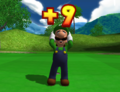 Luigi receiving a +9 in Mario Golf: Toadstool Tour