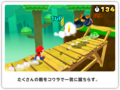 Mario in a forest, crossing a bridge after kicking a Koopa Shell